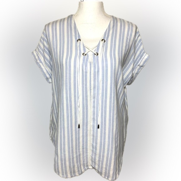 Rails Jeri Holland Top Women Baby Blue White Stripe Lace Up Short Sleeve Small - Picture 1 of 7